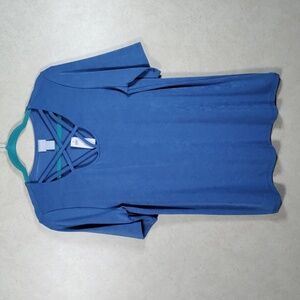 2/$20 04169 Chico's Travelers wave blue S/S lattice neck tunic top 1 M NWT